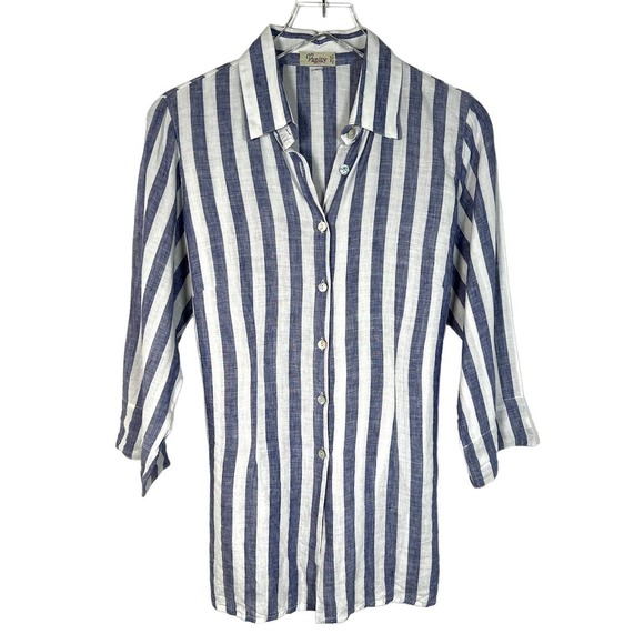 Vanity Linen Button Up Striped Tunic Shirt L Blue White Collared Tie Back EUC! - Picture 1 of 8